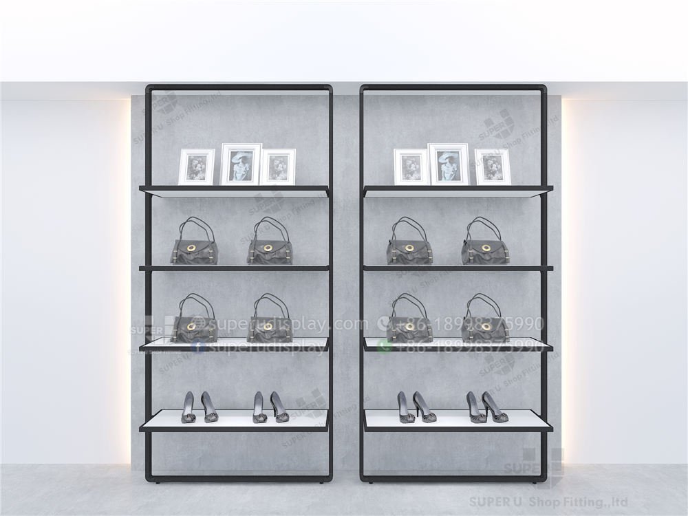 Custom Fashion Wall Mounted Modular Metal Retail Purse Display Rack With  LED Bar Light and Cabinet for Retai…