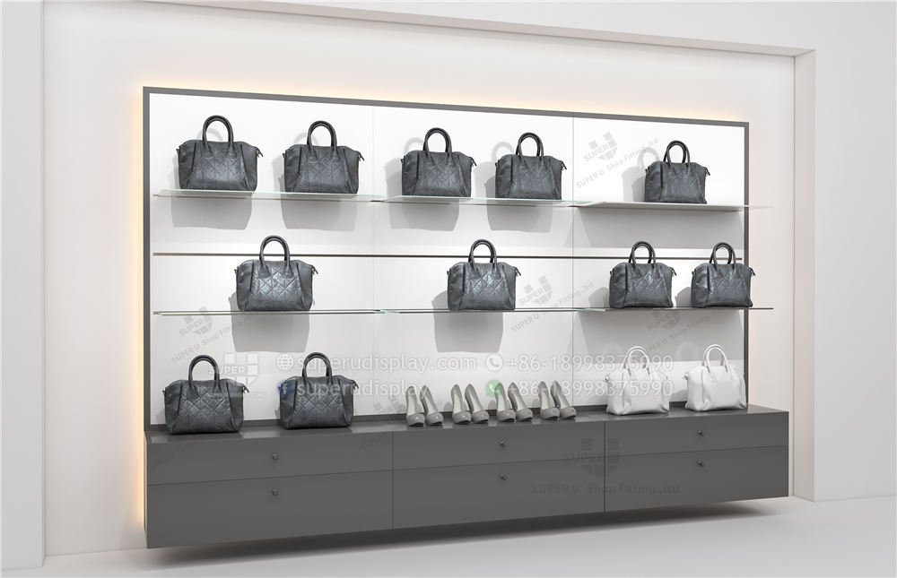 wall metal handbag display rack  Handbag display Electronics retail  design Open display shelf